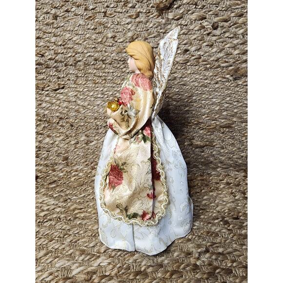 Beautiful Christmas Angel Tree Topper Gold Wings & Floral Gown Playing Harp 13" - Picture 5 of 10